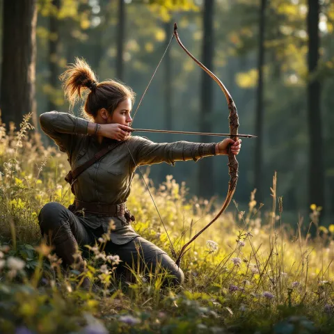 Woman with bow and arrow in the forest